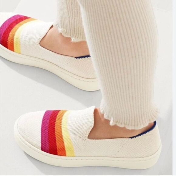 Rothy's Pink Candy Stripe white rainbow slip on sneaker shoes flats round kids 3 - Picture 2 of 12